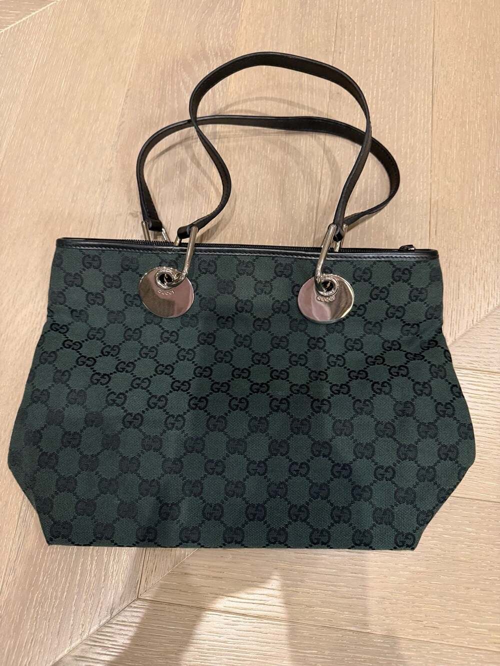 Gucci GG Canvas Tote Bag Dark Green & Black Vintage - Picture 2 of 10